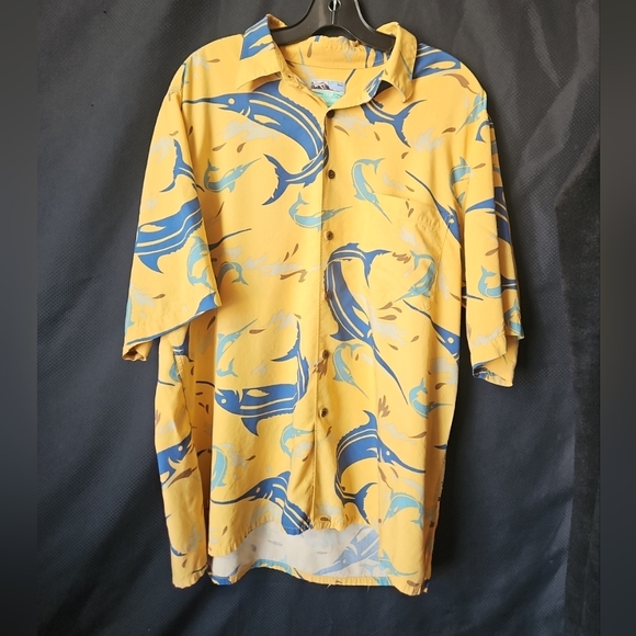 Reyn Spooner Shirt Mens Large Rayon Yellow Blue Marlin Print - Picture 1 of 9